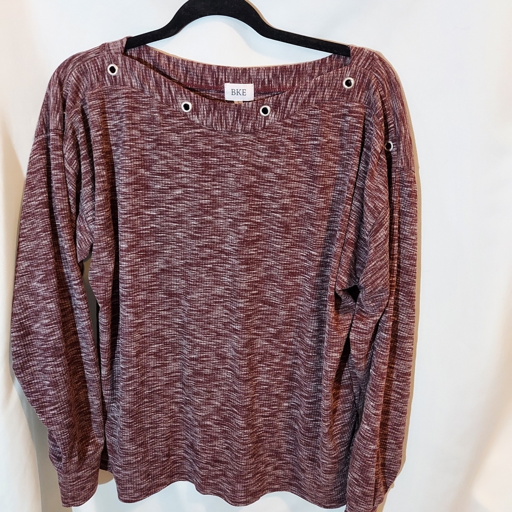 BKE Women's Maroon Boatneck Long Sleeve Top With Silver Grommet Details